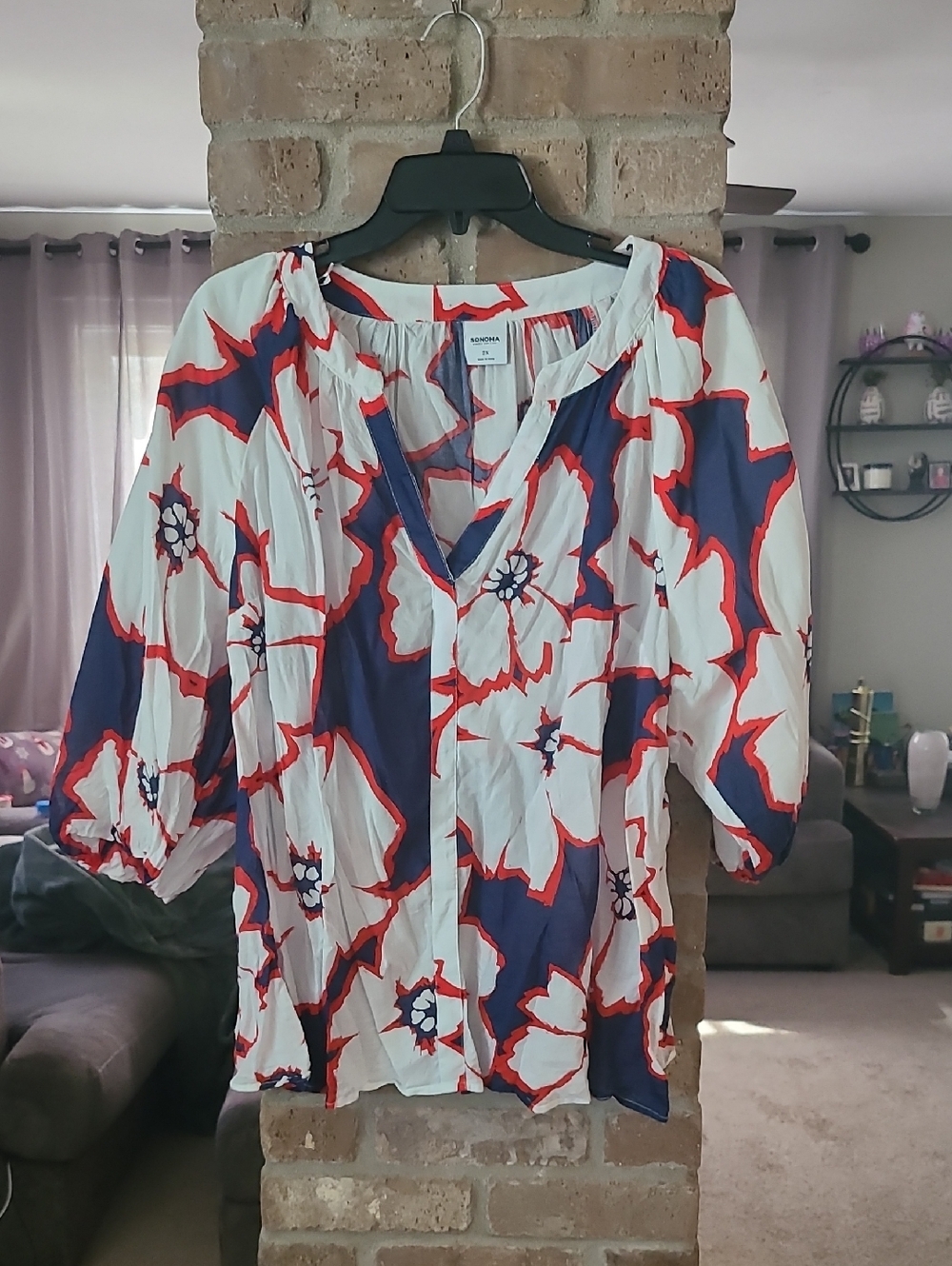 SONOMA Floral V-Neck Peasant Blouse — White, Navy & Red